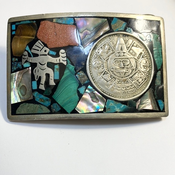 Alpaca belt buckle vintage handmade in Mexico inlaid with gemstones silver tone